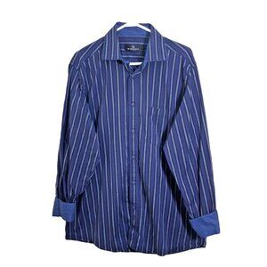 Bugatchi Uomo Mens Size Large Button Up Shirt Blue Striped Flip Cuff Long Sleeve
